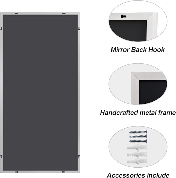 48x24In Silver Bathroom Mirror for Wall, Brushed Nickel Rectangle Mirrors - Image 6