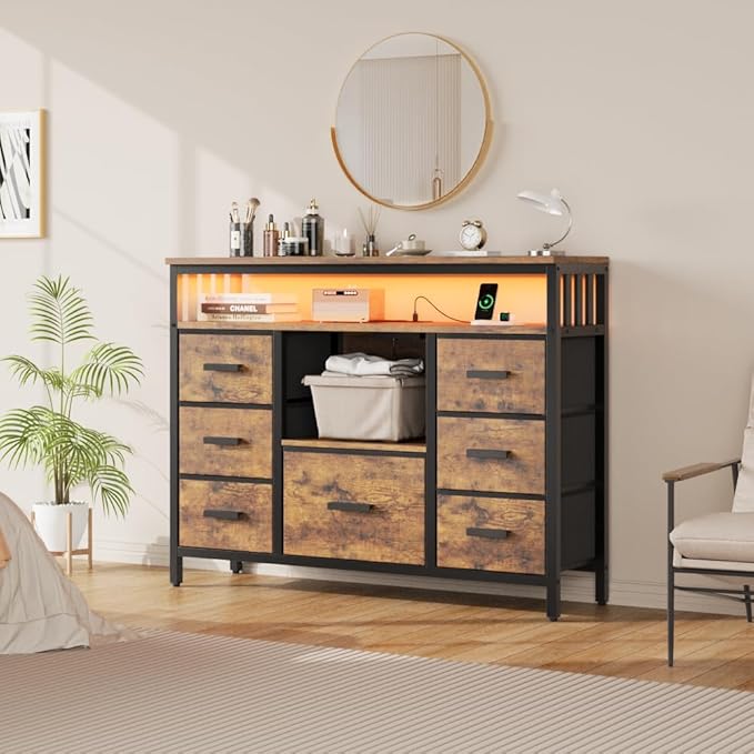 7 Drawer Dresser TV Stand with Power Outlets and LED Lights, Entertainment - Image 2