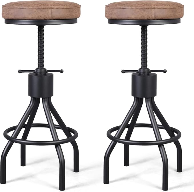Set of 2-Vintage Bar Stool Swivel PU Leather Seat Kitchen Island Workbench by BOKKOLIK