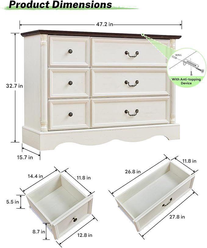 Farmhouse 6 Drawers Dresser for Bedroom - Image 2