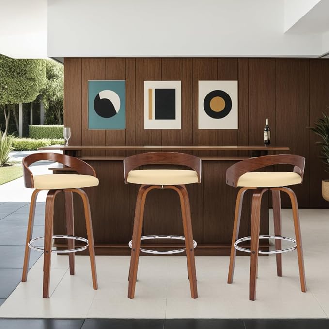 Armen Living Sonia 30" Bar Height Swivel Cream Faux Leather and Walnut Wood Bar - Image 2