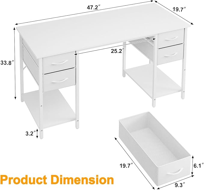 Computer Desk with 4 Drawers, 47 Inch Office Table with Storage, Gaming with - Image 3