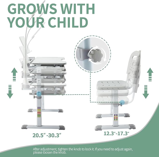 Diroan Kids Functional Desk and Chair Set, Ergonomic Height Adjustable Children - Image 3
