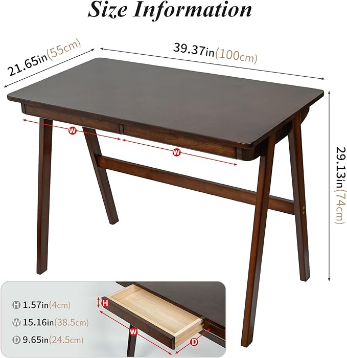 Computer Desk with Drawers, Solid Wood Writing Desk, Mid Century Modern Home - Image 2