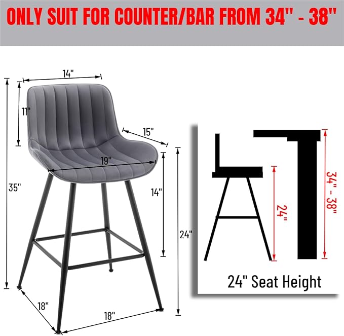 Counter Height Bar Stools, Modern Velvet Barstools Set of 2 - Image 2