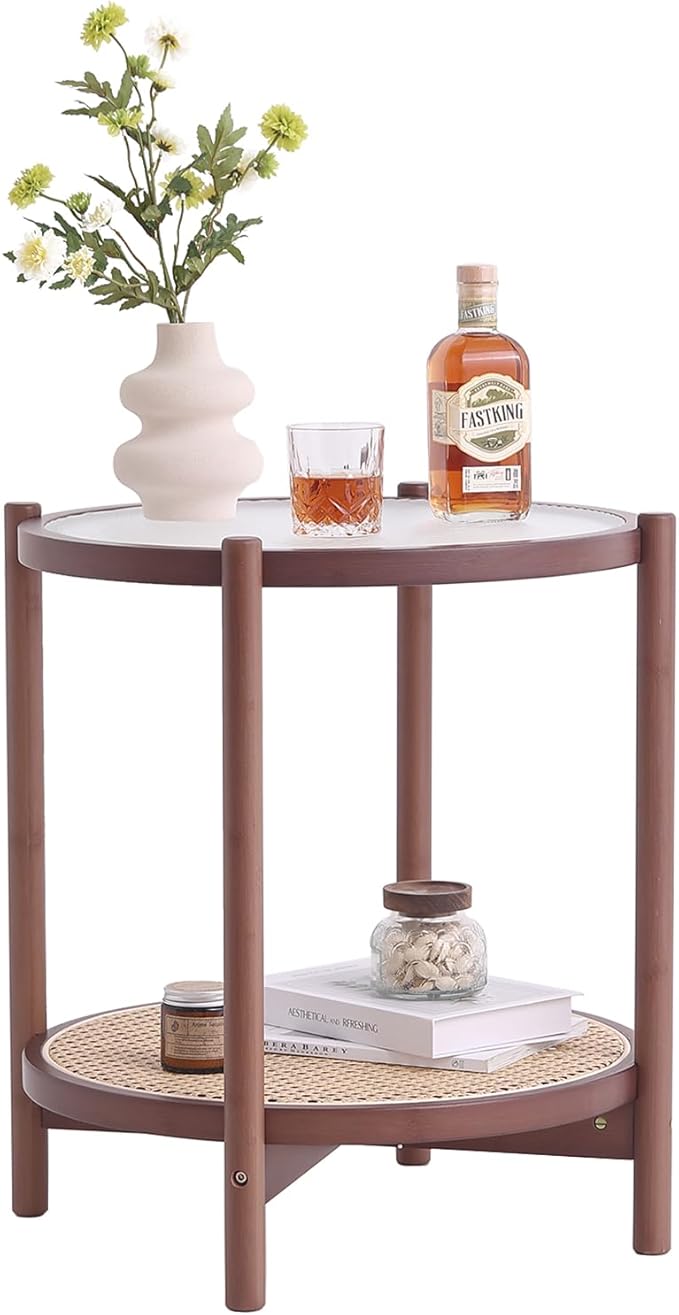 Tiita Rattan Coffee Table, Round End Table, 2-Tier Modern Side Table, Small - Image 3