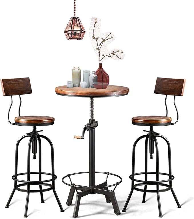 3-Piece Crank Handle Bar Table & 2 Backrests Stools Set by LOKKHAN