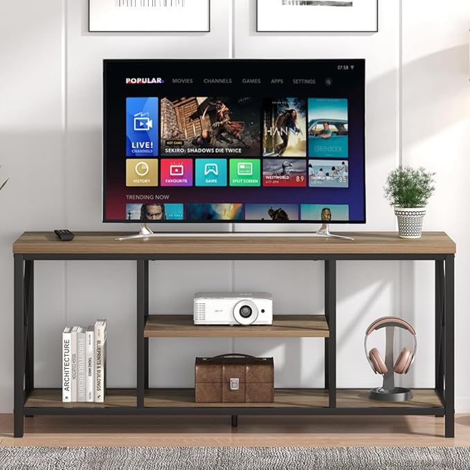 FOLUBAN TV Stand for TV up to 65 inch, Rustic Wood and Metal Entertainment - Image 2