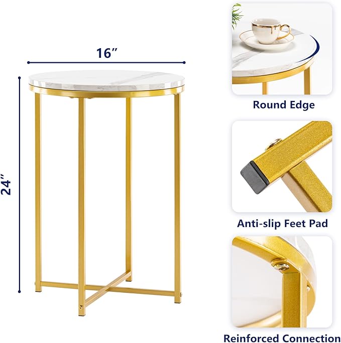 TECHMILLY Round End Table, Faux Marble Sofa Table, Accent Side Table - Image 3
