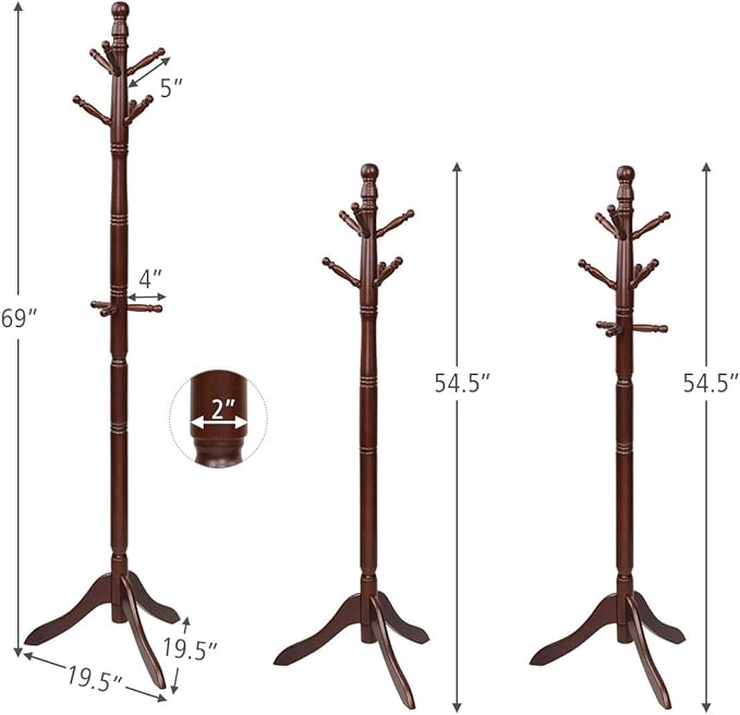 Tangkula Wood Coat Rack Freestanding, Entryway Height Adjustable Coat Stand - Image 5