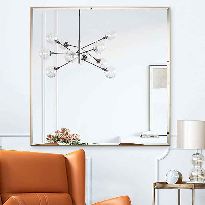 30x30 Inch Gold Mirror with Beveled Trim, Aluminum Frame Bathroom Vanity Mirror - Image 3