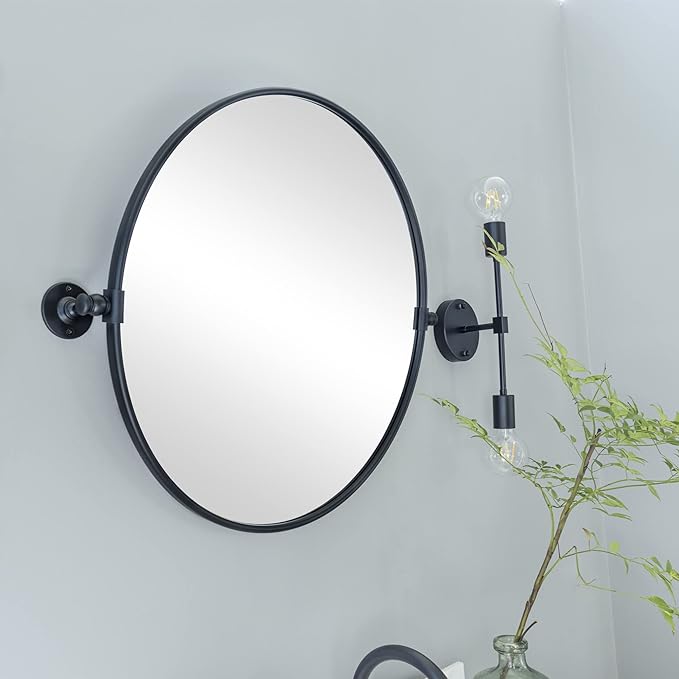 Round Pivot Bathroom Mirror Black Circle Metal Framed Tilting Vanity Mirrors - Image 4