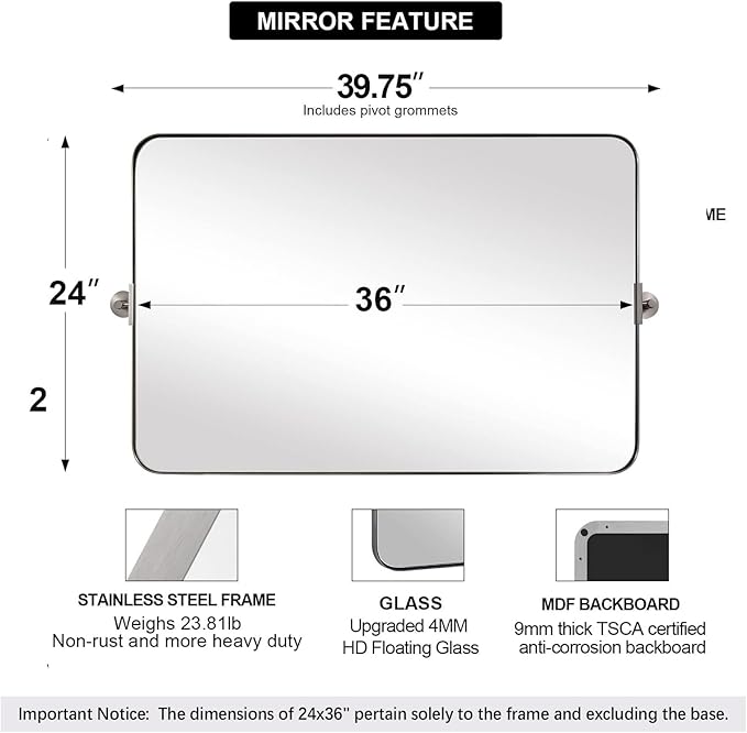 MOON MIRROR 36" x 24" Brushed Nickel Rectangle Bathroom Mirror, Tilting Rounded - Image 4