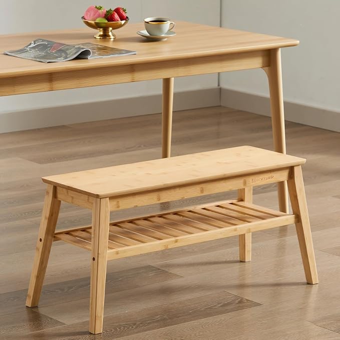 Nnewvante 33.46" Bamboo Entryway Bench, 2 Tier Indoor Storage Bench, Wood Bench - Image 3