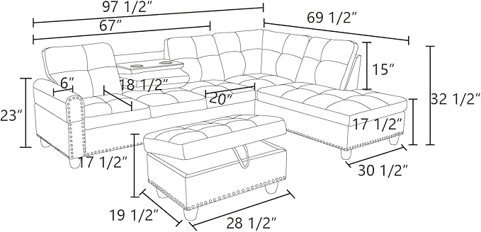 L Shaped Sectional Sofa with Ottoman, Nail-Head Design Leather Right Facing - Image 2