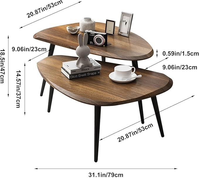 Midcentury Nesting Coffee Table Set of 2, Mid Century Modern Walnut Wood Oval - Image 3