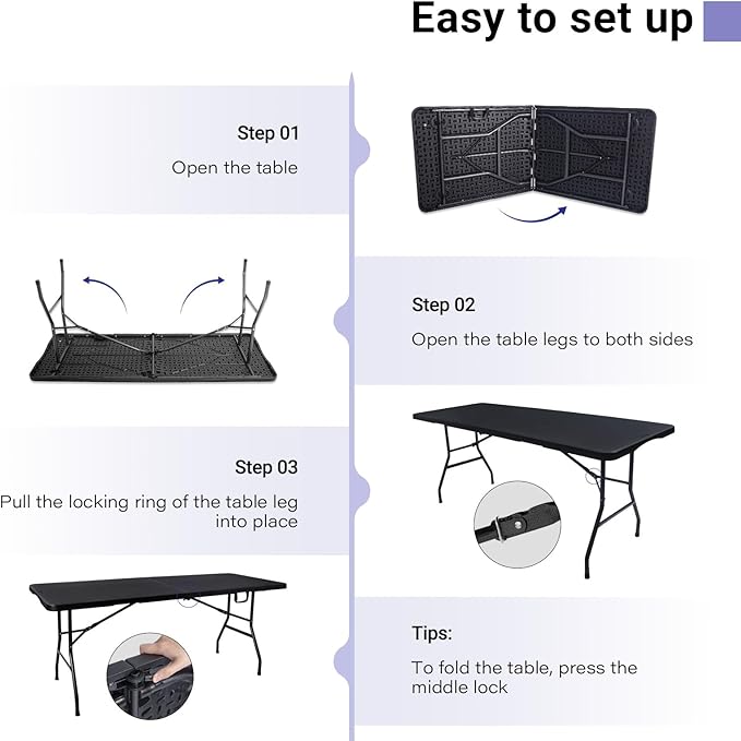 Folding Table 6ft Portable Heavy Duty Plastic Fold-in-Half 6 Foot Foldable - Image 6