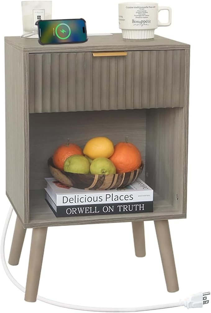 Grey Wood Nightstand with Charging Station, Modern Bedside Table with Fluted by Fultyle