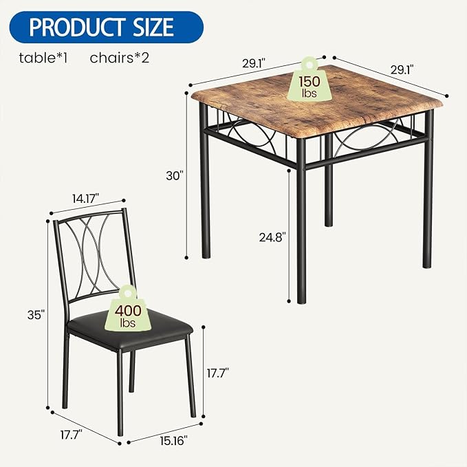IDEALHOUSE Dining Table Set for 2, Square 3 Piece Kitchen Room Sets - Image 2