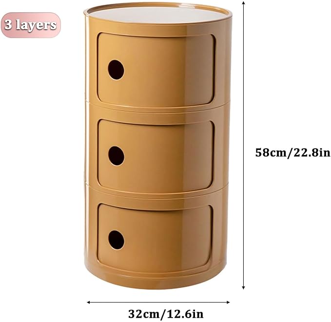 3 Tier Round Nightstand with Drawer, Ginger Yellow Round Side Table Small - Image 3