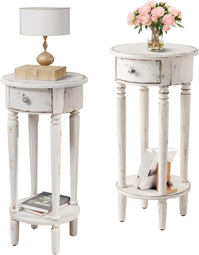 COSIEST Tall End Table with Drawer Sets of 2, Round Nightstand Bedside Table by COSIEST