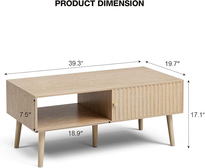 Coffee Table with Storage, Boho Dining Table with Sliding Fluted Door and Solid - Image 2