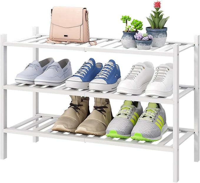 White Shoe Rack, 3-Tier Bamboo Wood Shoe Rack by VIEWCARE