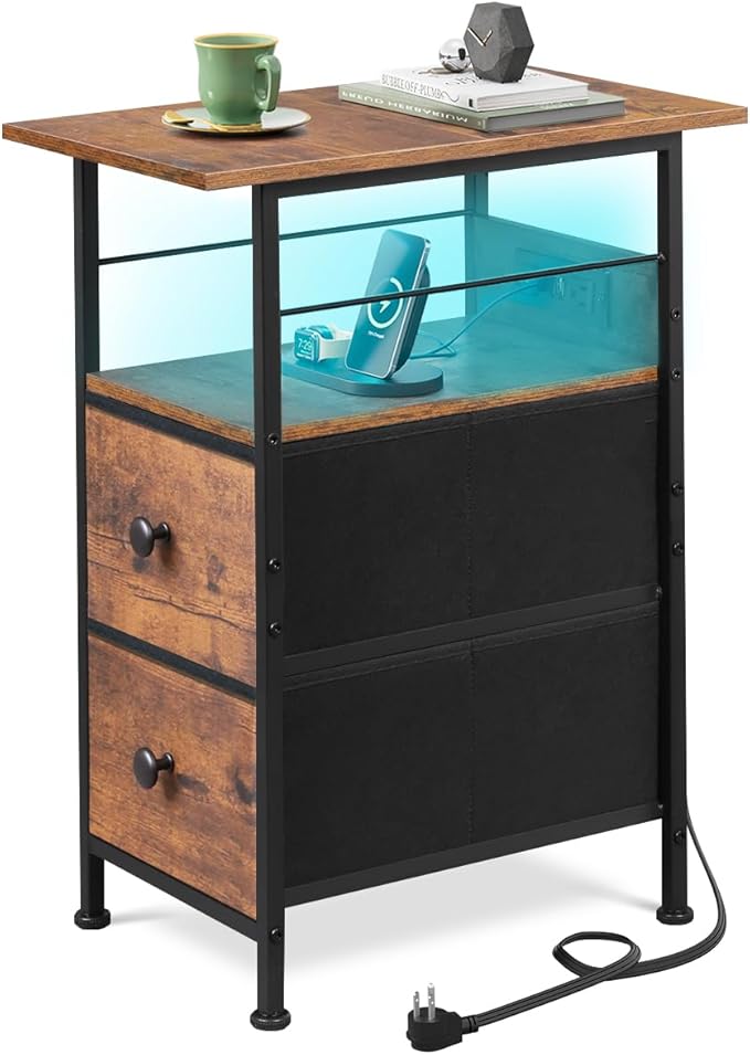 WLIVE Narrow Side Table with Charging Station, End Table with LED Lights by WLIVE