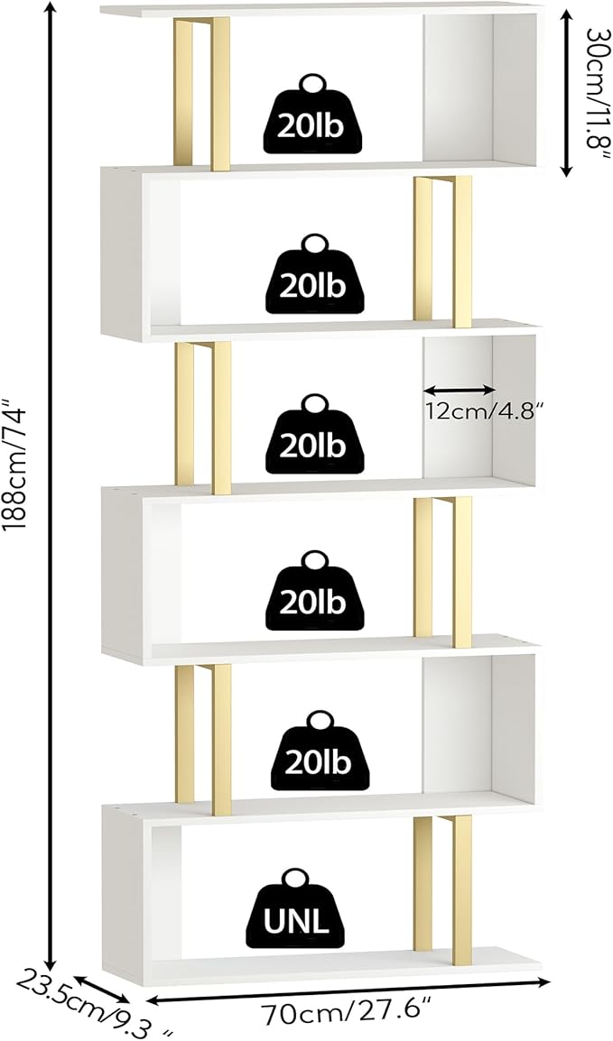 Yusong Geometric Bookcase, S Shaped Bookshelf 6-Tier Book Shelves - Image 3