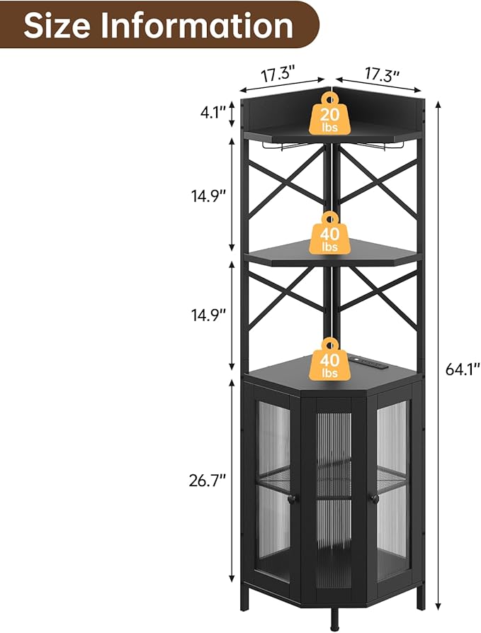 Corner Bar Cabinet with Power Outlet, 5-Tier Corner Wine Cabinet with Led Strip - Image 2