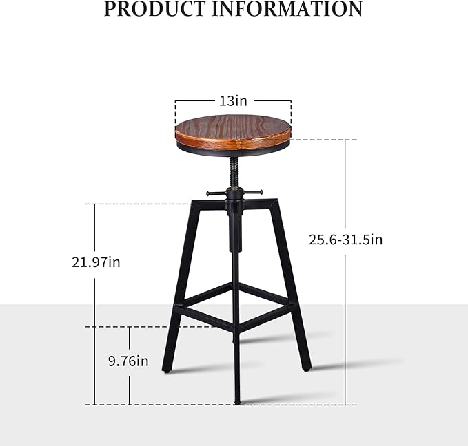 Diwhy Industrial Bar Stools, Kitchen Dining Chair, Wood Metal Stool, Adjustable - Image 3