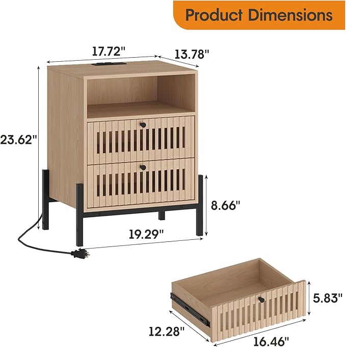 Vabches Nightstand with Charging Station and USB Ports, Industrial Style Fluted - Image 2