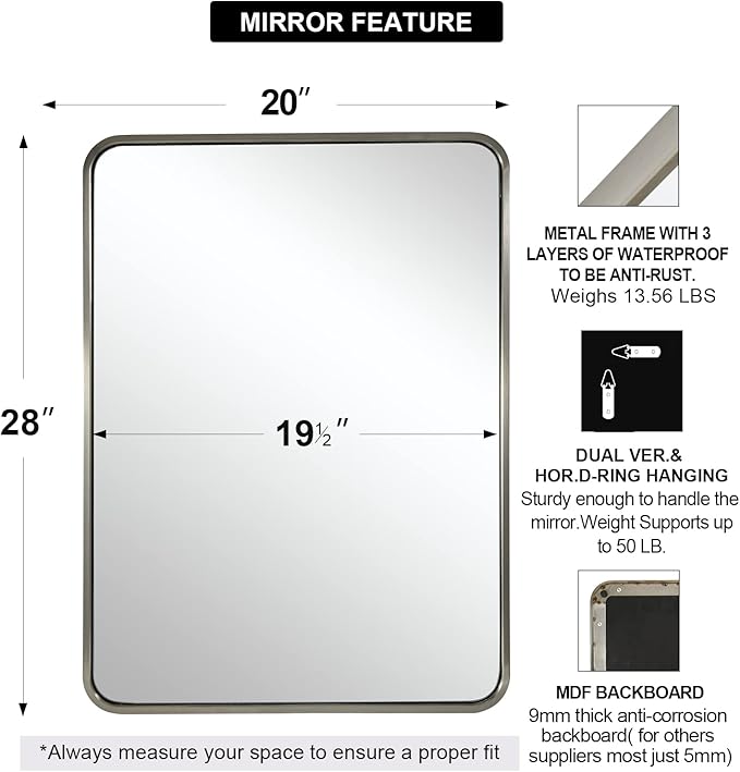 ANDY STAR Mirrors for Wall, 20x28’’ Brushed Nickel Bathroom Mirror, Rounded - Image 2