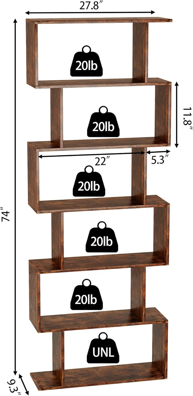 Yusong Geometric Bookcase, Bookshelf 6-Tier S Shaped Book Shelves - Image 3