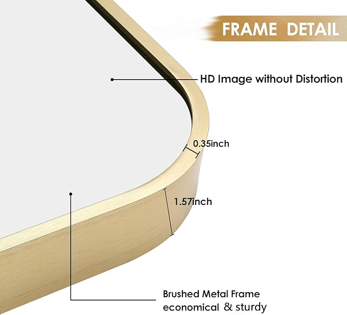 16x24 Inch Gold Bathroom Mirror, Brushed Brass Gold Metal Framed Rectangular - Image 4