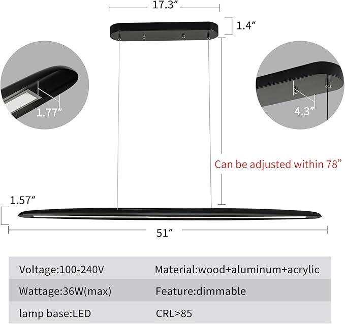 51" Wood Linear Pendant Light Black Linear Pendant Dinning Room Hanging Lights - Image 3