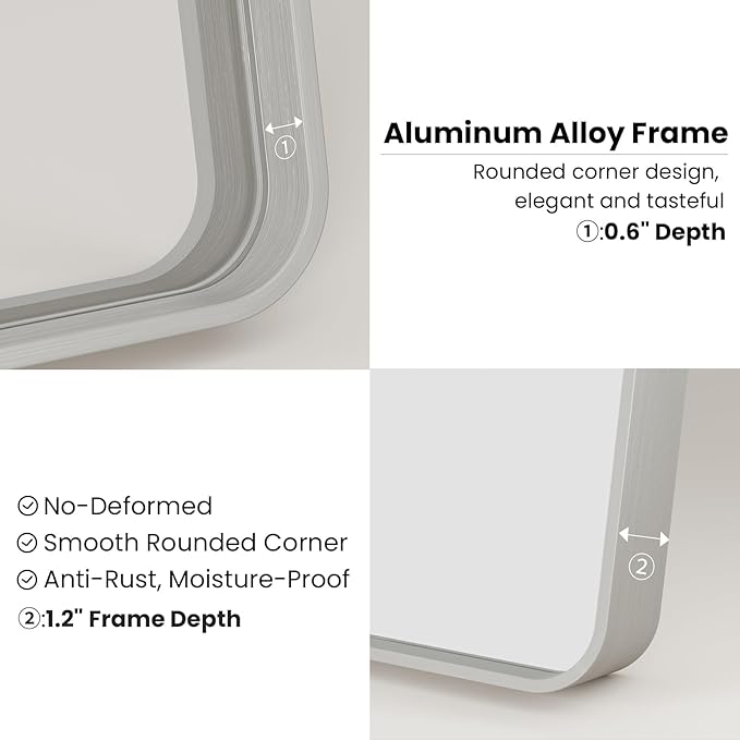 22x30 Inch Brushed Nickel Bathroom Mirror, Thick Silver Metal Rectangle Frame - Image 4