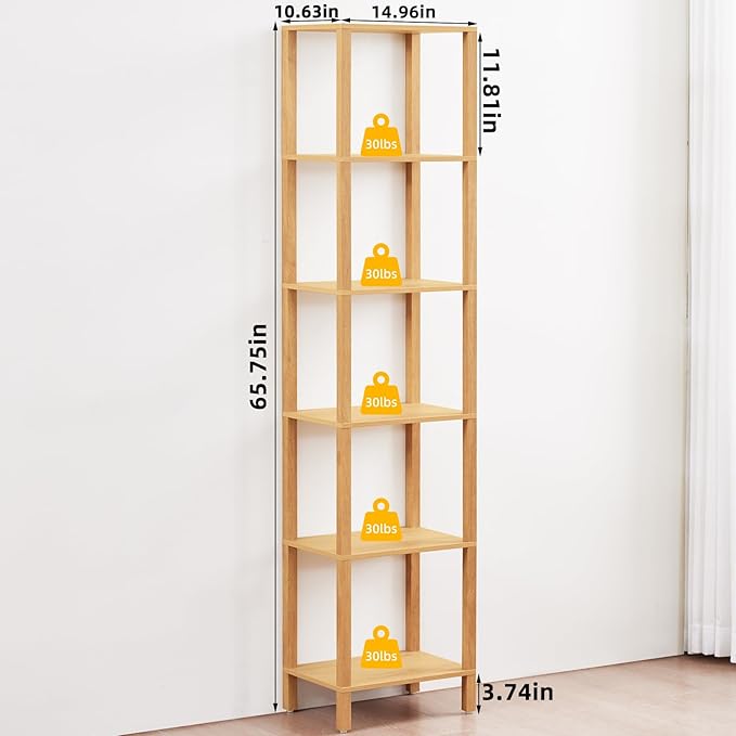 66in Tall Bookshelf 6-Tier Small Narrow Bookcase, Skinny Book Shelf - Image 2