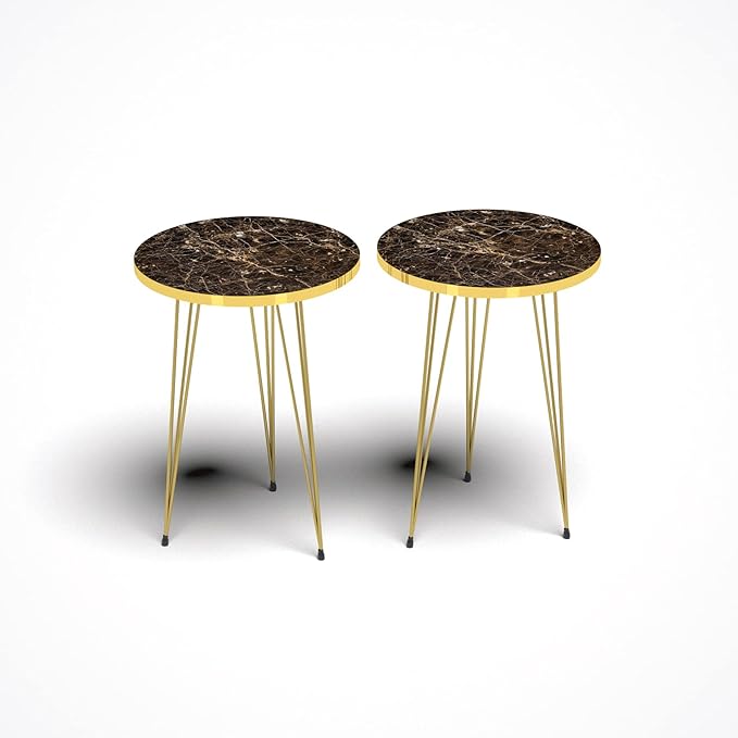 PAK HOME Set of 2 High Gloss Brown Marble Look End Tables Round Wood Sofa Side - Image 4