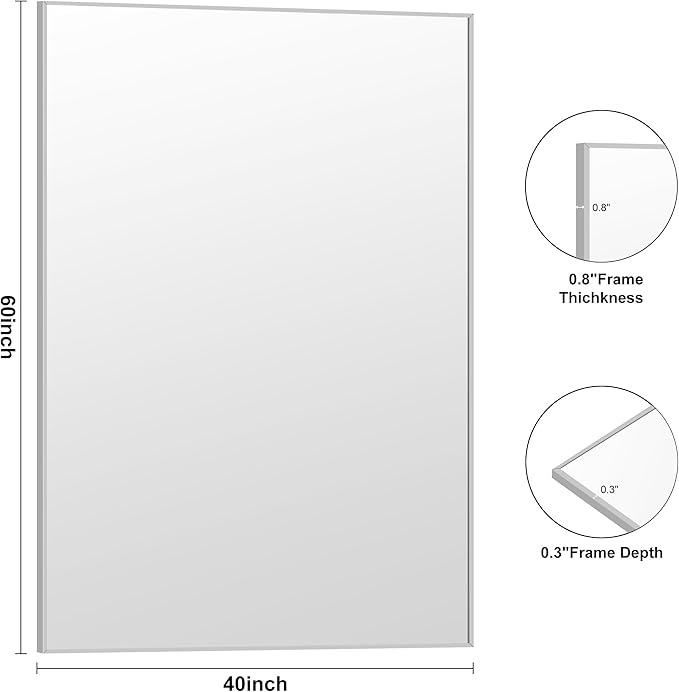 KOCUUY Large Silver Bathroom Mirror, 60x40 inch Rectangular Mirror - Image 9
