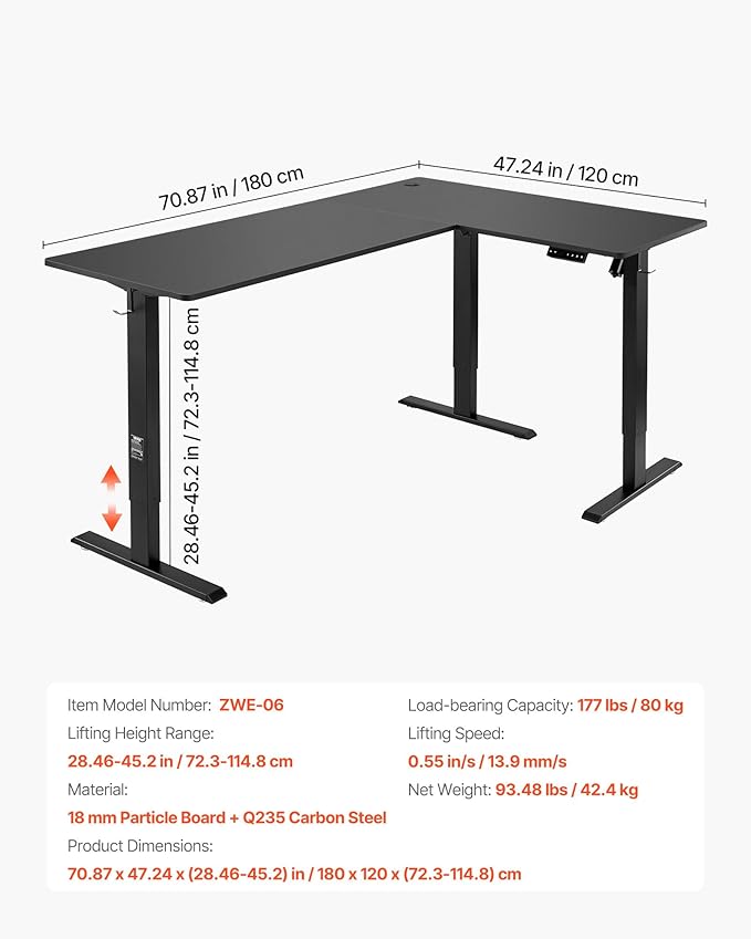 VEVOR L Shaped Standing Desk 71 x 47 inch, 3 Memory Height Adjustable, Electric - Image 3