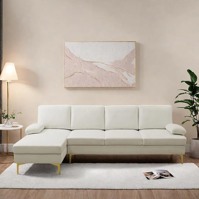 L Shape Sofa with Chaise, 4 Seat Living Room Sofa Set with Golden Wooden Leg - Image 7