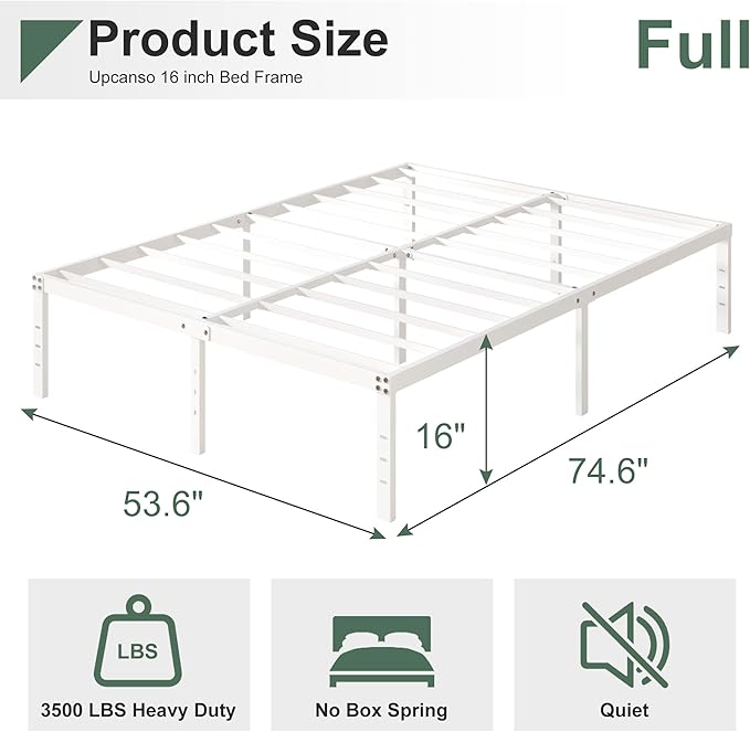 16 Inch White Full Size Bed Frame No Box Spring Need, Metal Platform Full Bed - Image 2