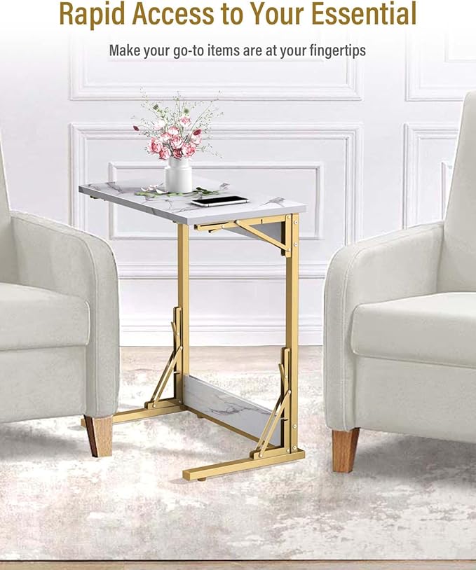 Tatub 24" Folding TV Tray Table, Marble C Shaped End Table - Image 3