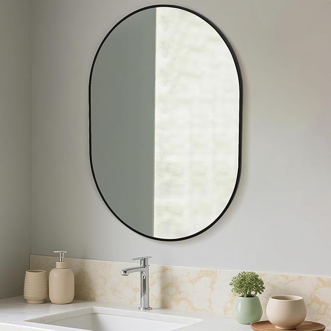 Oval Bathroom Mirror 24x36 Inch, Pill-Shaped Black Framed Wood Wall Mirrors - Image 6