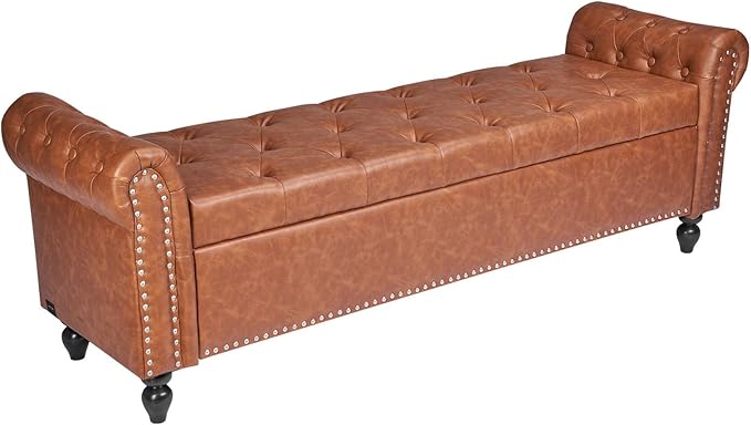 VEVOR Button-Tufted Storage Ottoman Bench, Rolled Arm PU Leather Bench by VEVOR