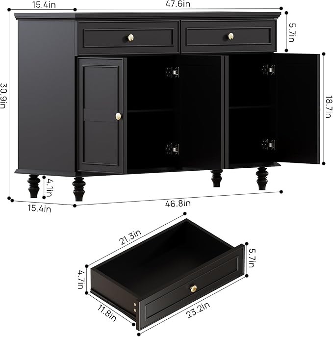 47.6" Buffet Sideboard with 2 Drawers and 4 Doors, Wooden Kitchen Storage - Image 3