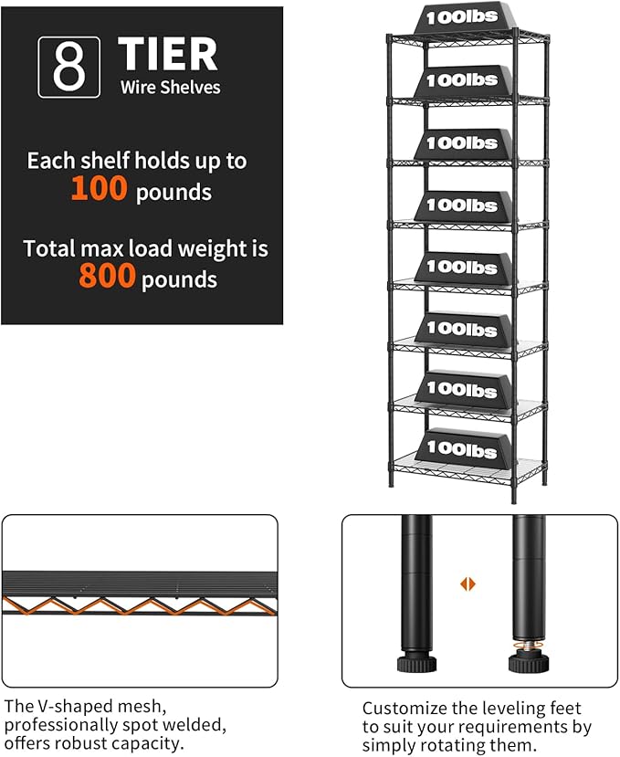 SINGAYE 8 Tier Shelf Organizer Storage Metal Shelves Garage Wire Shelving Unit - Image 5