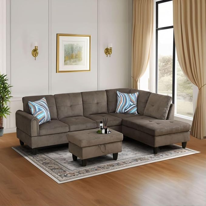 Brown L-Shaped 3-Piece Corduroy Sofa by Unknown