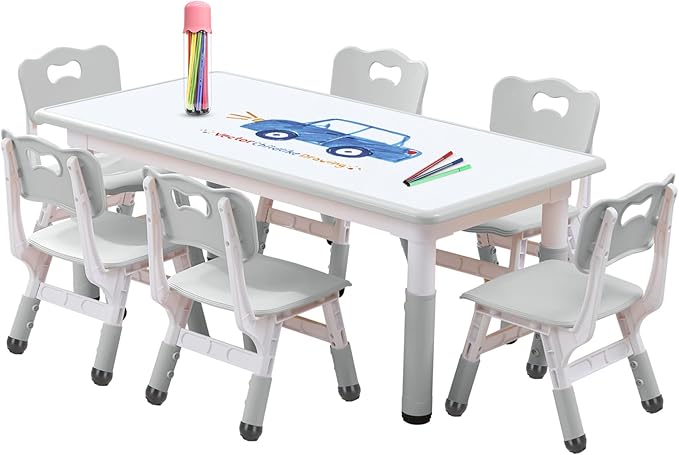 Kids Table and Chair Set, Snow Grey, Upgraded Plastic, 47.2x28.0 inches by HAPPYMATY